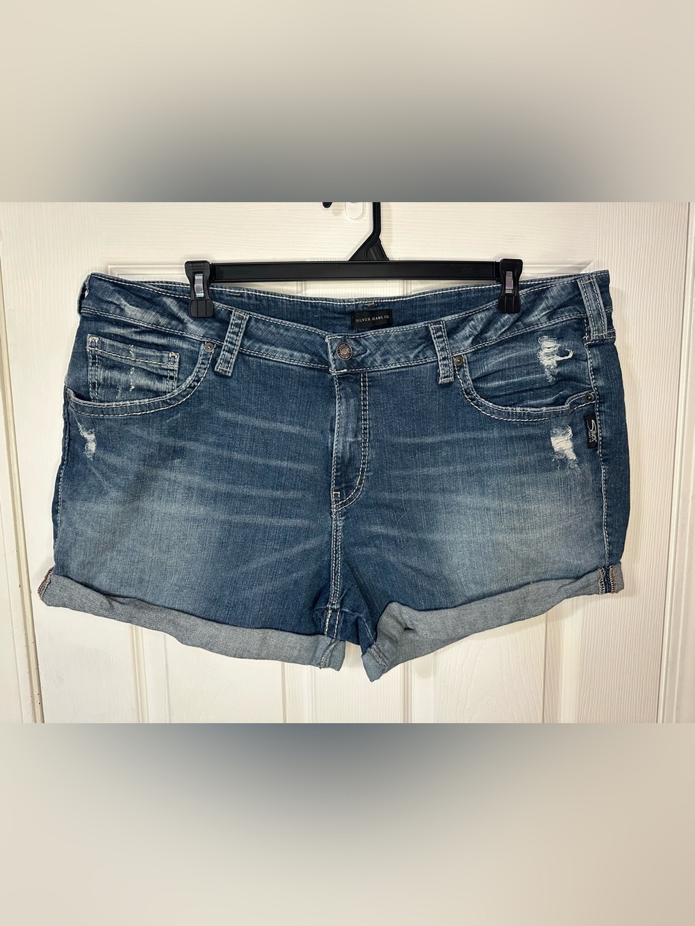Women’s Silver Jean Shorts Medium Wash Rolled Cuff Light Distressed Size 24